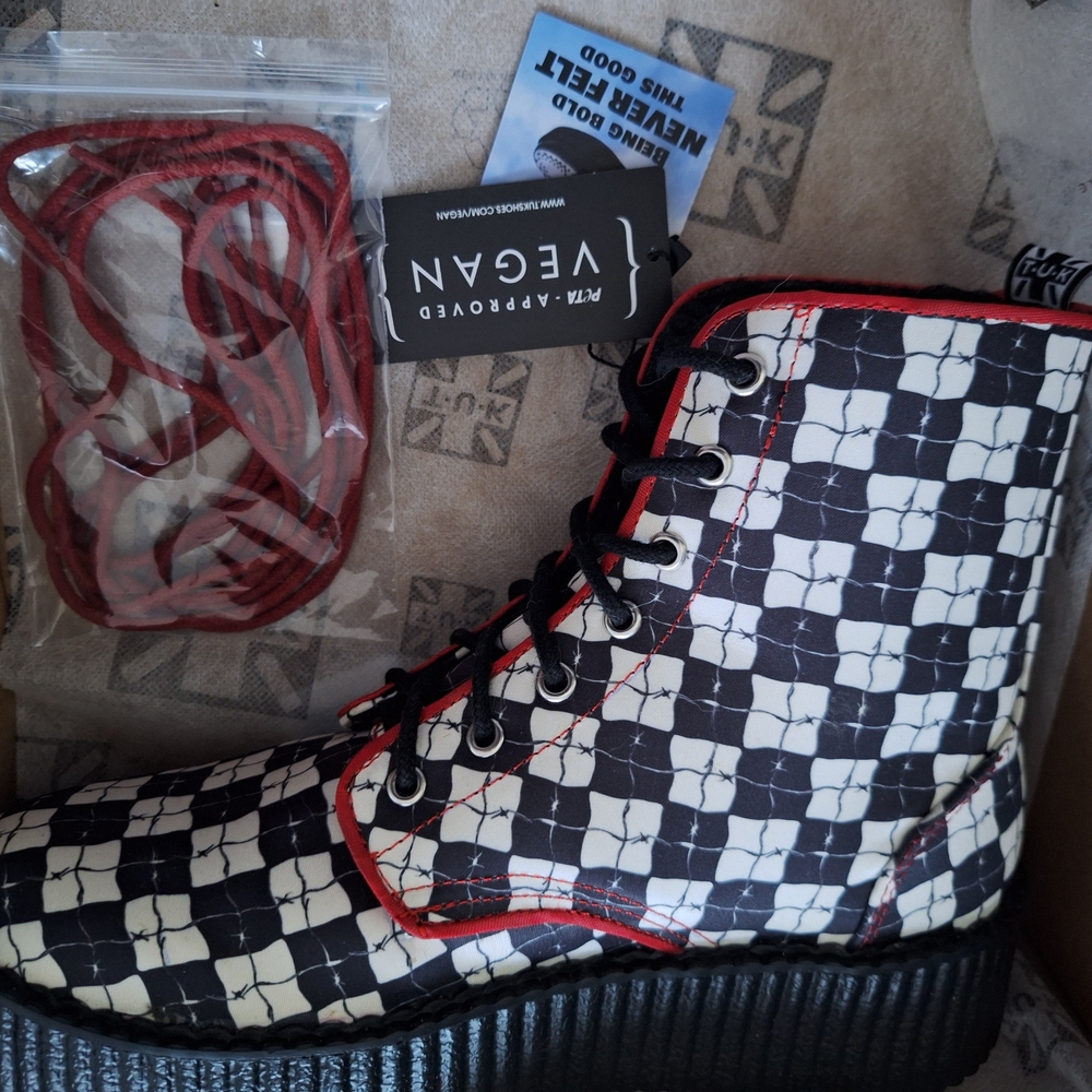 T.U.K Black and White Checkered Vegan Boots with Red Accents